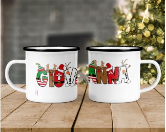 Tazza in alluminio smaltato natalizia con nome o frase personalizzata idea regalo di natale Caratteri natalizi elfo renna babbo natale