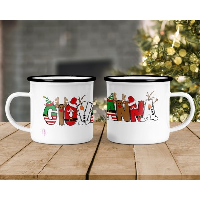 Tazza in alluminio smaltato natalizia con nome o frase personalizzata idea regalo di natale Caratteri natalizi elfo renna babbo natale