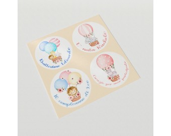 20 adesivi sticker rotondi con mongolfiere e animali per bomboniere, segnaposto, battesimo, nascita, compleanno, baby shower, 4 cm di diametro