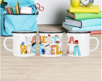 Tazza in alluminio smaltato per maestra maestro assistente scolastico insegnante con nome o frase personalizzata idea regalo fine anno ritorno a scuola natale