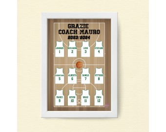 Quadretto regalo per coach allenatore di basket pallacanestro con magliette nomi e numeri ragazzi e frase dedica personalizzata squadra ricordo
