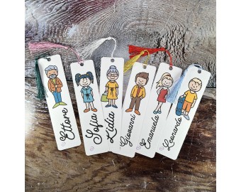 Set di 6 segnalibri segnaposto personalizzati con nome e caricatura in cartoncino per regalini ricordo eventi matrimonio comunione cresima battesimo compleanno nozze oro argento