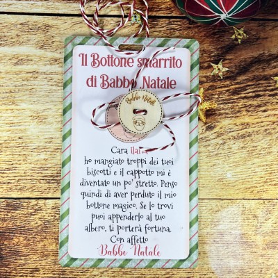 Bottone smarrito di Babbo Natale con biglietto personalizzato per bambino o bambina con cordoncino decorazione natalizia vigilia di Natale letterina