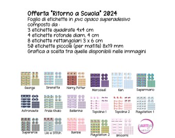 Offerta “Ritorno a Scuola” 2024 etichette personalizzate scolastiche 1 o più fogli personaggi o disegno a scelta per quaderni libri matite penne