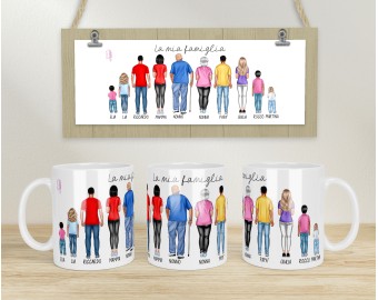 Tazza famiglia personalizzata in ceramica bianca, 95mm x 80mm, 300cc, sublimazione, lavabile in lavastoviglie, con nomi e frase personalizzata