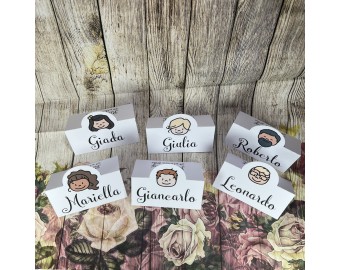 Set di segnaposto personalizzati con nome e caricatura in cartoncino per eventi matrimonio comunione cresima battesimo compleanno nozze oro argento