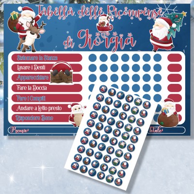 Tabella delle ricompense natalizia per bambini con Babbo Natale personalizzata con nome 1 poster 100 adesivi 7 azioni e premi Regalo