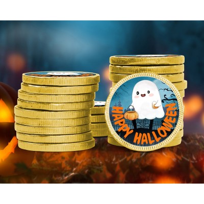 Monete di cioccolato halloween dolcetto o scherzetto personalizzate con frase soldi di cioccolato al latte personalizzati fantasmi zucche gatti pipistrelli