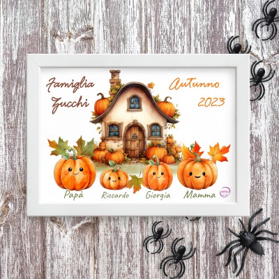 Quadretto personalizzato famiglia di zucche autunno halloween idea regalo da due a sei personaggi con cornice 18x13 cm o 29,5x21