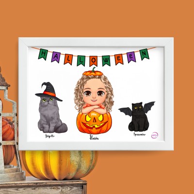 Quadretto per halloween con bambina o bambino con gatti decorazione festa di halloween poster cameretta personalizzato con nomi