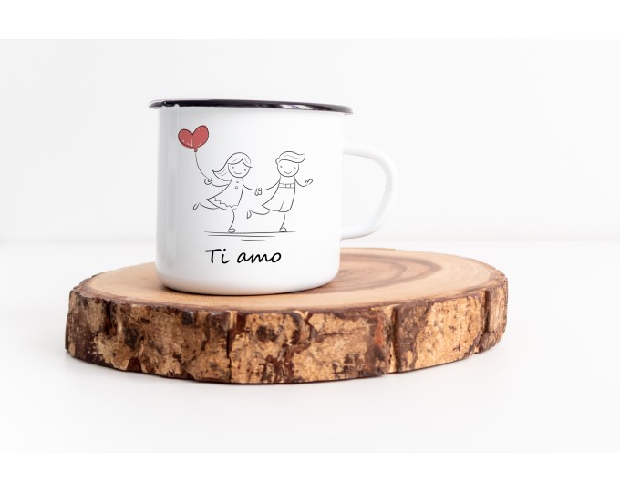 Tazza in alluminio smaltato con disegni di coppia animali erbe e spezie con  frase personalizzata idea