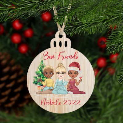 Decorazione per albero di Natale in legno personalizzata migliori amiche in stile chibi amiche per sempre frase personalizzata idea regalo natalizia ornamento festività