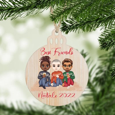 Decorazione per albero di Natale in legno personalizzata migliori amici in stile chibi amici per sempre frase personalizzata idea regalo natalizia ornamento festività