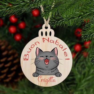 Decorazione per albero di Natale in legno con gatti personalizzata con disegno di gattini micetti frase augurale e nome idea regalo natalizia gattofili amanti gatti