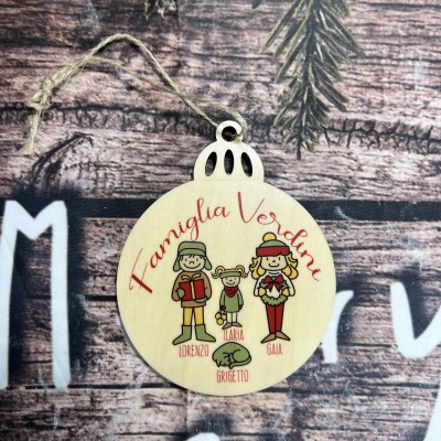 Decorazione per albero di Natale in legno personalizzata con ritratto caricaturale di famiglia e frase e nomi personalizzati idea regalo natalizia ornamento festività