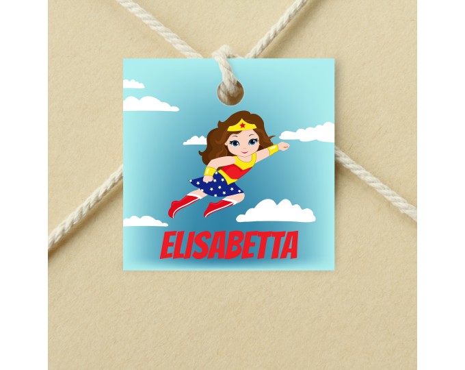 15 cartellini tag bigliettini piccole supereroine per compleanno bambini  personalizzati con nomi personaggio a scelta per