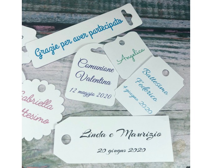 20 cartellini tag bigliettini personalizzati stampati 8 forme bomboniere  cerimonie battesimo cresima comunione matrimonio nozze compleanno