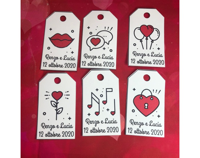 12 cartellini tag bigliettini personalizzati con nomi disegni assortiti per  matrimonio nozze san valentino fidanzamento proposta